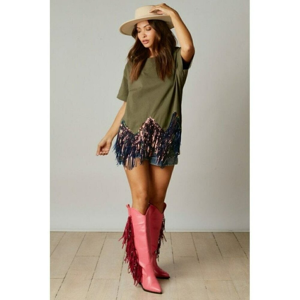 Here for the Fringe Chevron Sequin Top in Olive - Picture 8 of 8